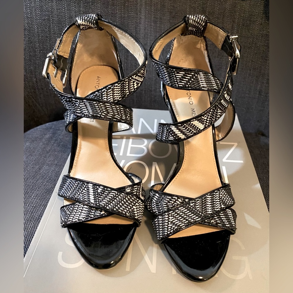 Antonio Melani Black & White Woven Strap Heels, Size 8-1/2